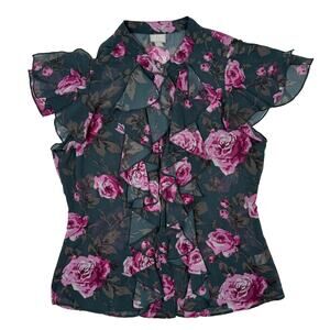 Converse One Star Floral Blouse Women’s M Pink Rose Button Up Top